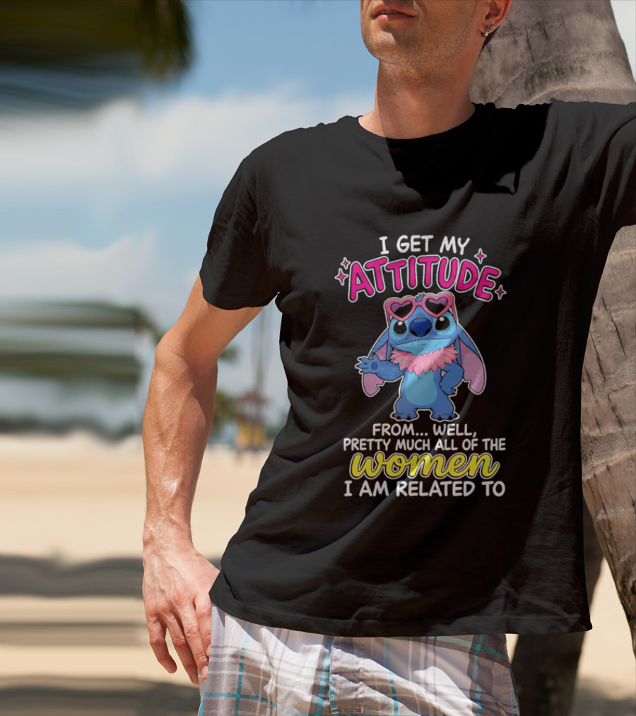 I Get My Attitude From Pretty Much All Of The Women I Am Related To Cute Blue Cartoon Character With Pink Accessories T-Shirt