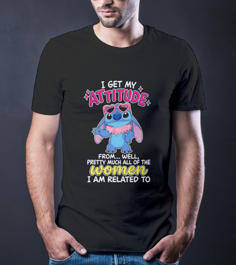 I Get My Attitude From Pretty Much All Of The Women I Am Related To Cute Blue Cartoon Character With Pink Accessories T-Shirt