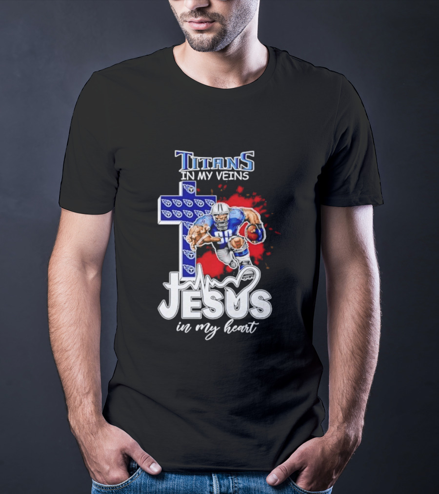 Titans In My Veins Jesus In My Heart Football Player Cross T-Shirt