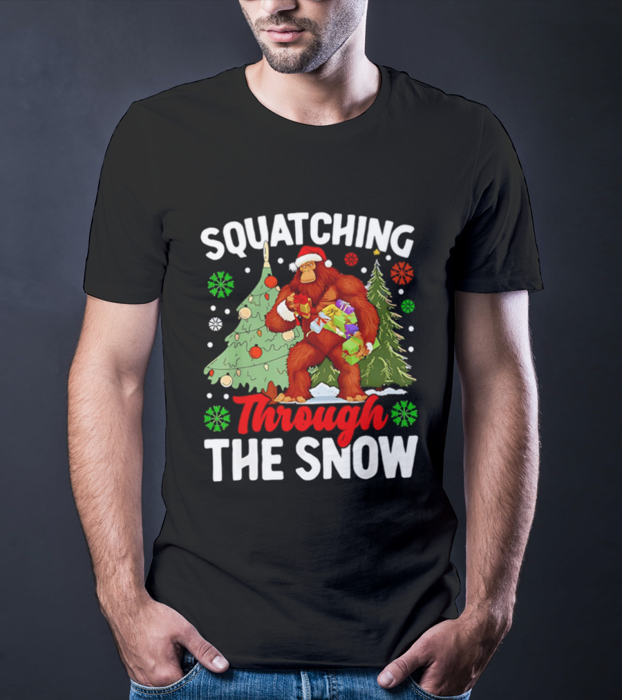 Squatching Through The Snow Bigfoot Christmas Tree Holiday Santa Big Foot T-Shirt