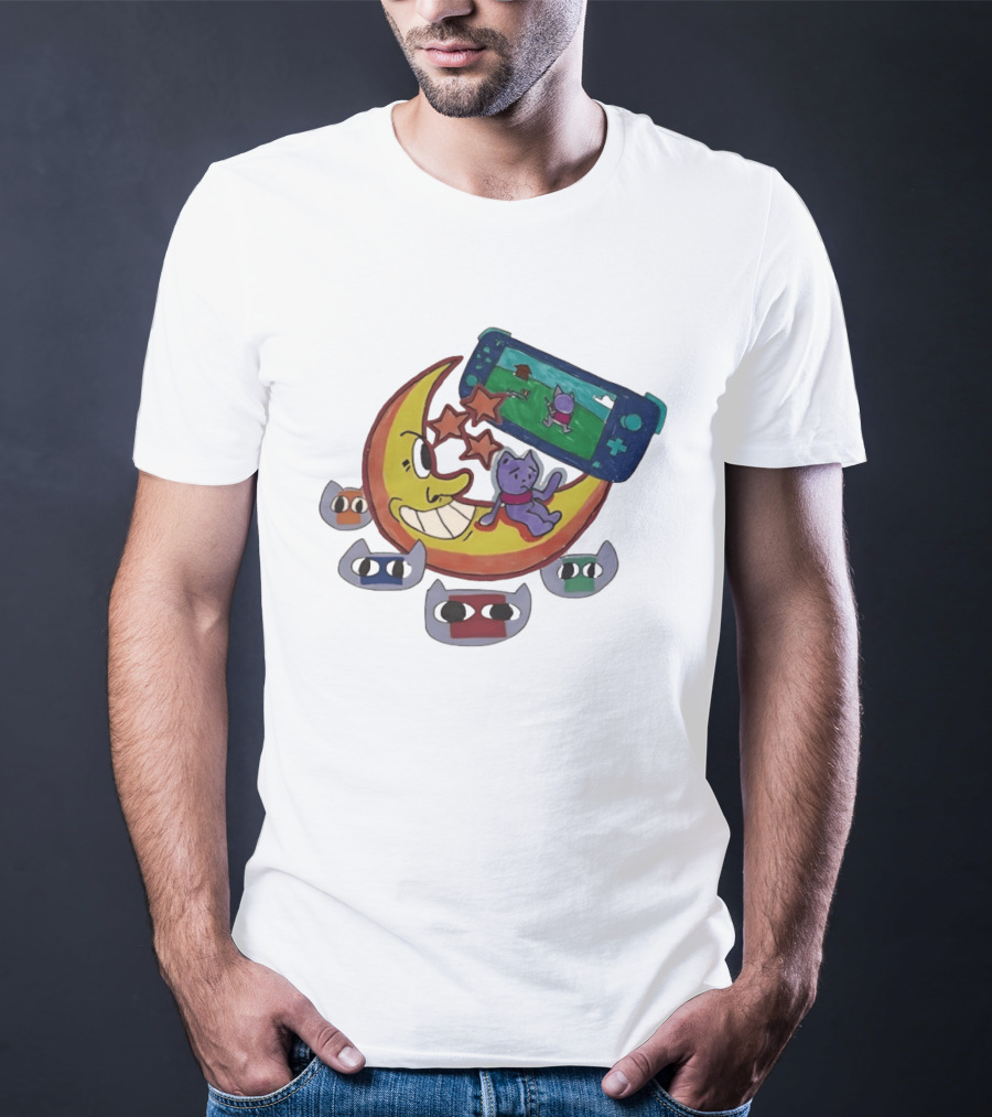 Cartoon Moon And Cat Playing Game With Stars And Colorful Masks T-Shirt