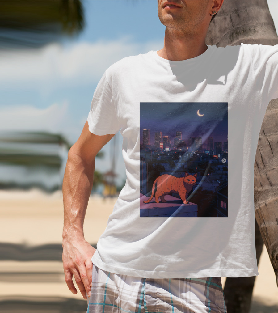 Orange Tabby Cat Under Night Sky Overlooking City Skyline With Crescent Moon T-Shirt
