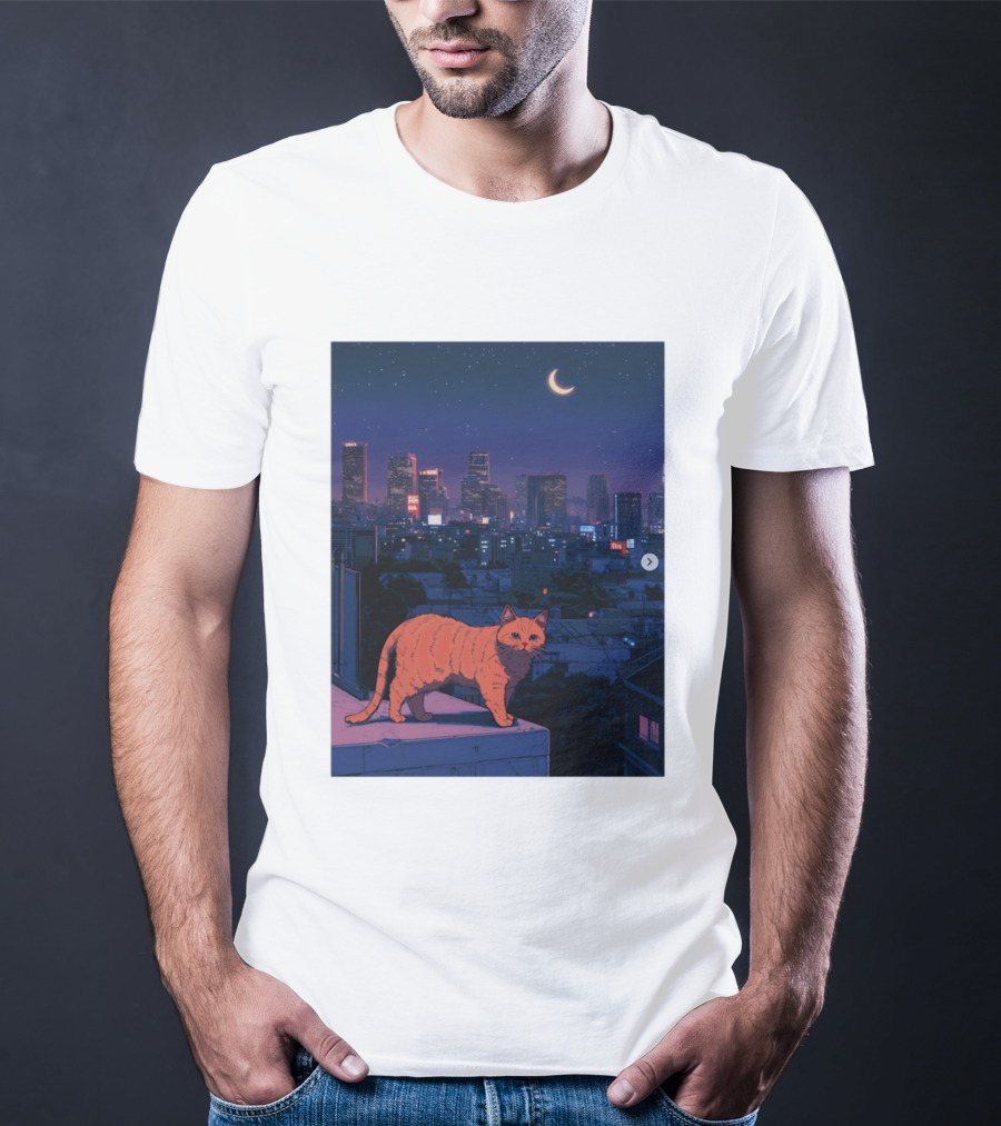 Orange Tabby Cat Under Night Sky Overlooking City Skyline With Crescent Moon T-Shirt