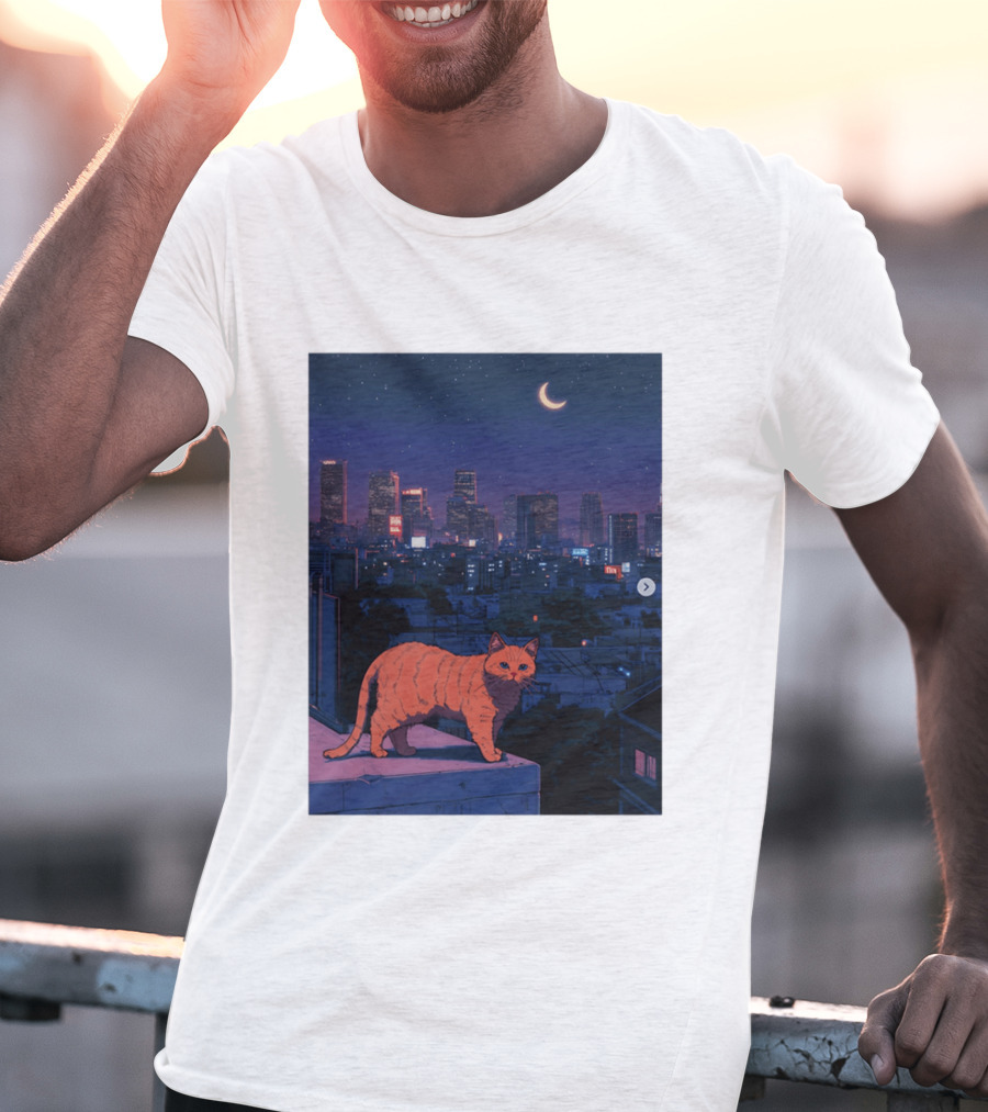 Orange Tabby Cat Under Night Sky Overlooking City Skyline With Crescent Moon T-Shirt