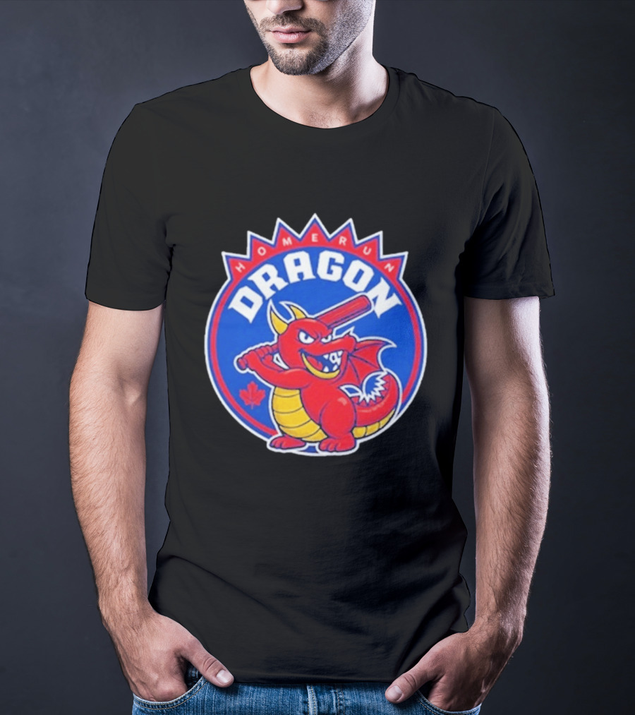 Home Run Dragon Baseball Batting Red Maple Leaf T-Shirt