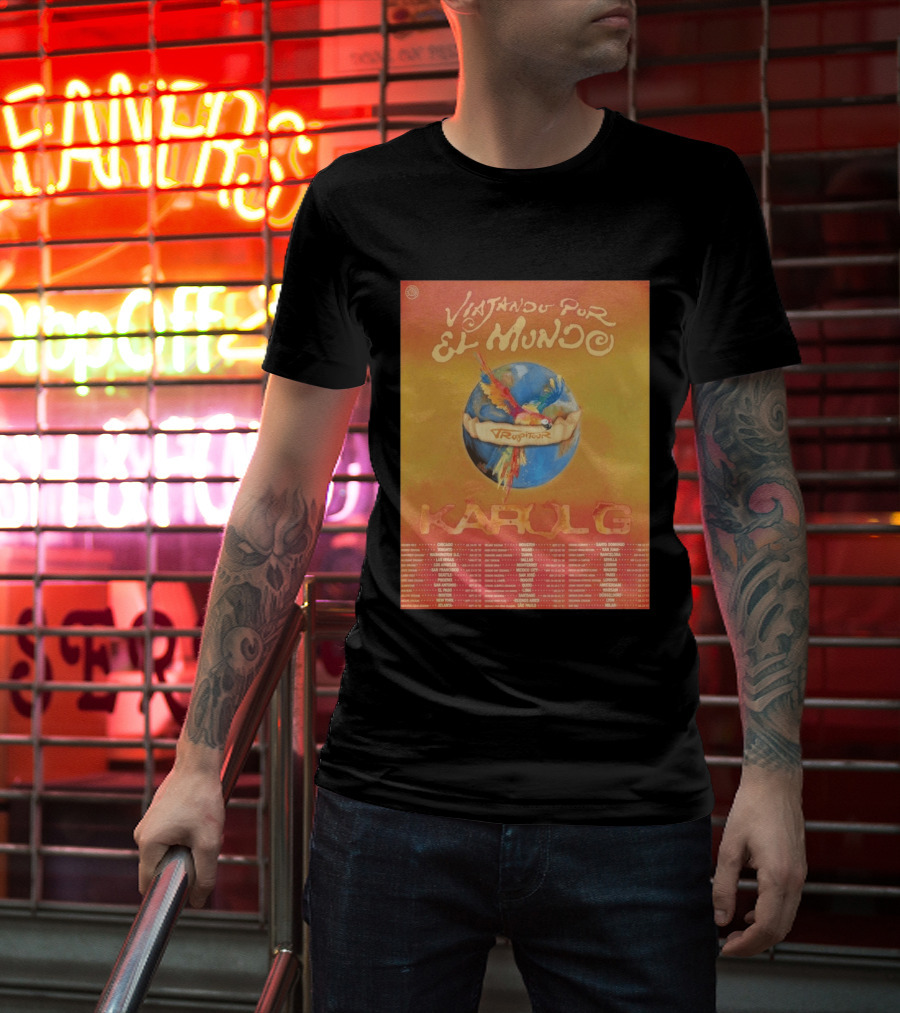 Karol G Viajando Por El Mundo Tropitour 2026 World Tour Dates Colorful Parrot T-Shirt