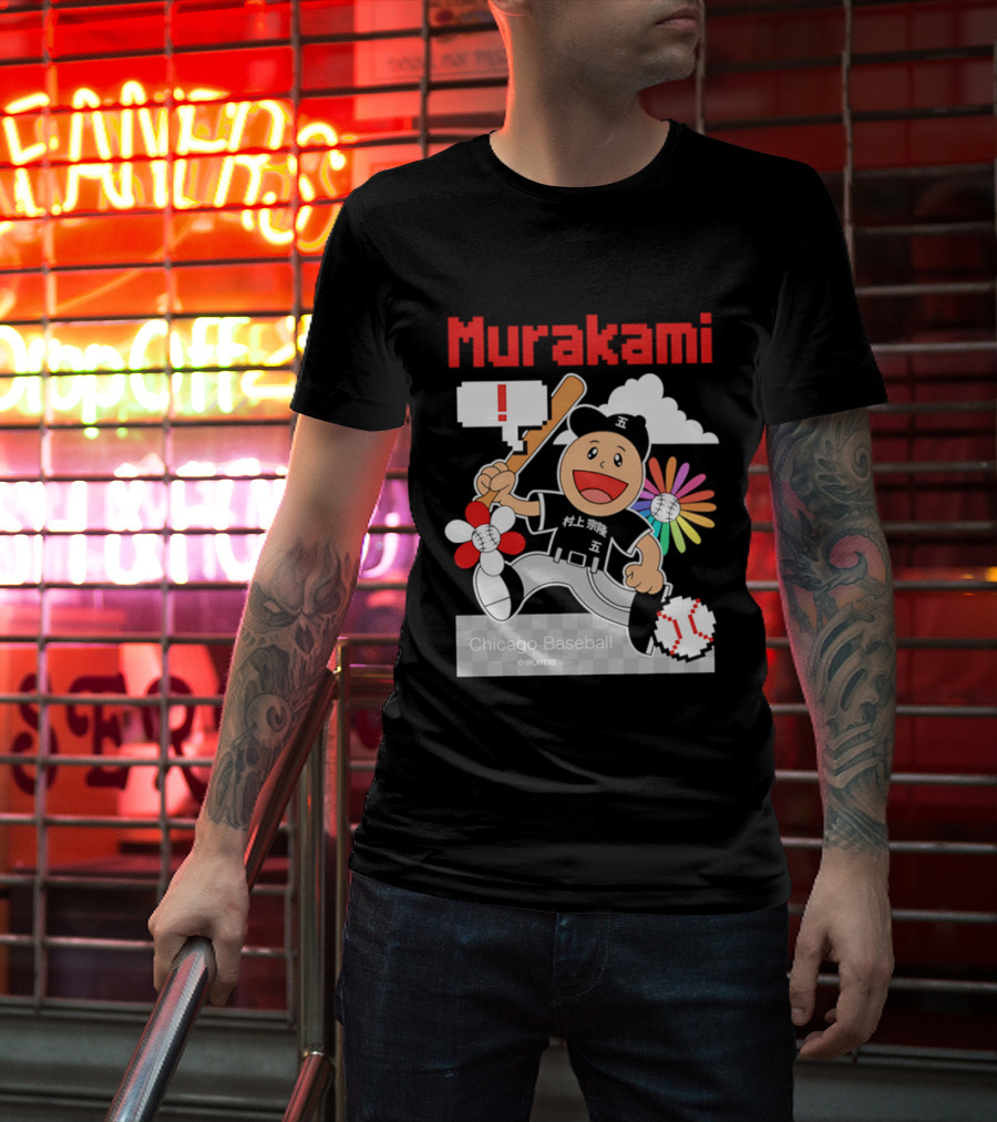 Murakami Chicago Baseball IPlayers Animated Character Flower Motif T-Shirt