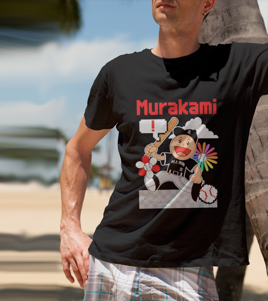 Murakami Chicago Baseball IPlayers Animated Character Flower Motif T-Shirt