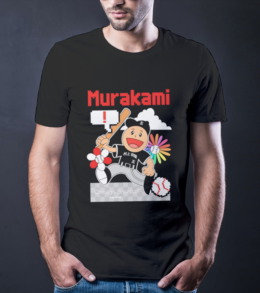 Murakami Chicago Baseball IPlayers Animated Character Flower Motif T-Shirt