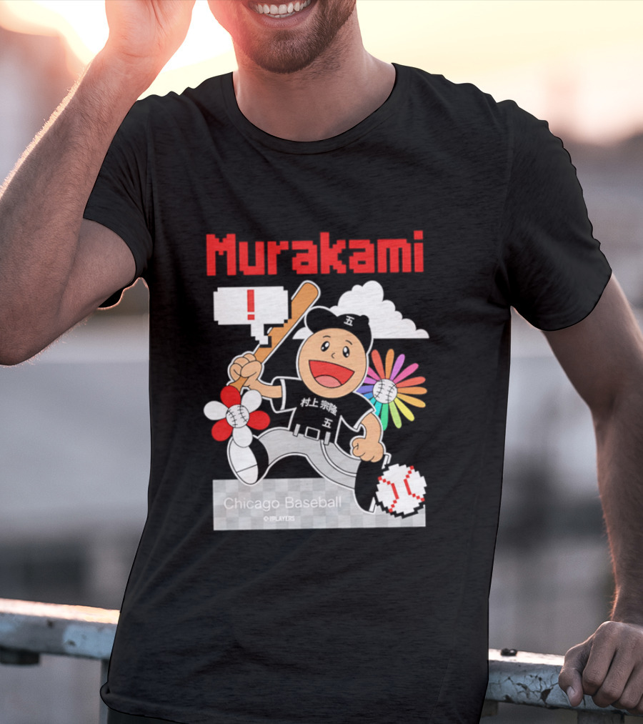 Murakami Chicago Baseball IPlayers Animated Character Flower Motif T-Shirt