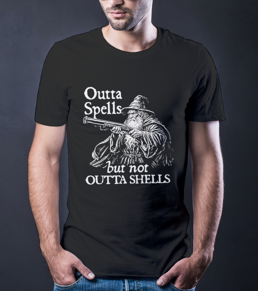 Outta Spells But Not Outta Shells Wizard With Gun Magic T-Shirt