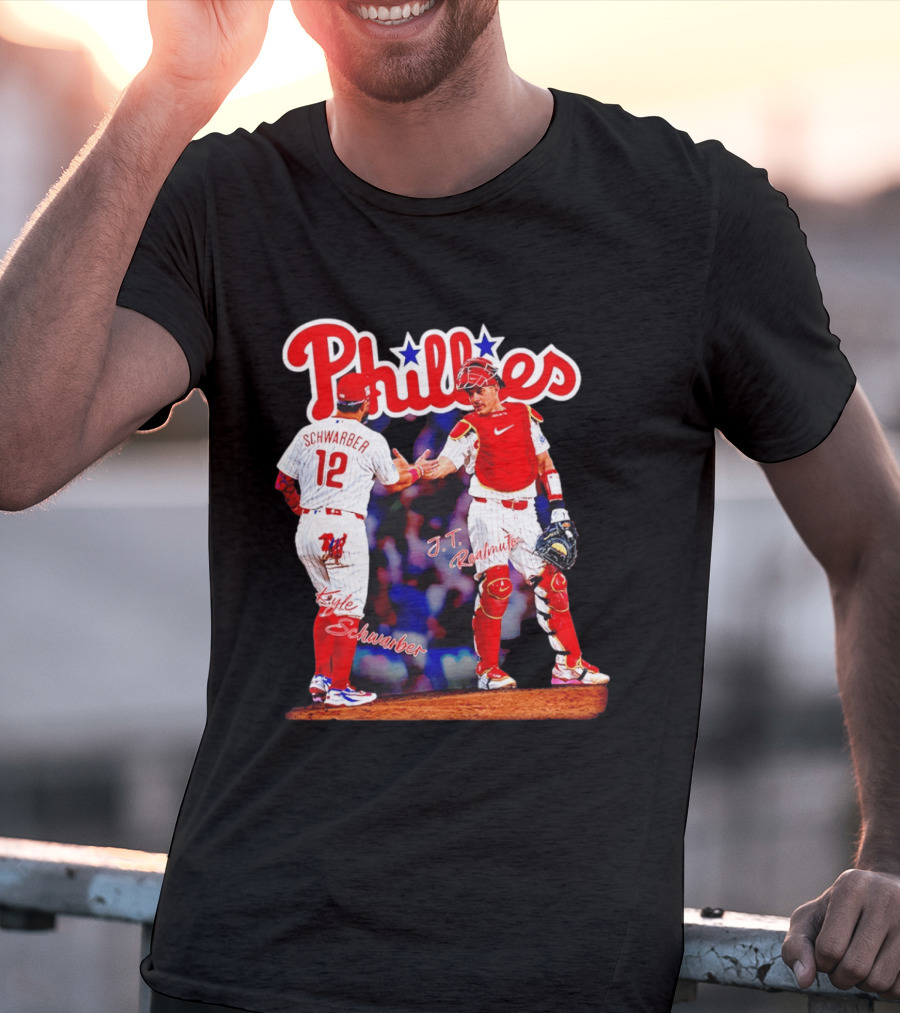 Philadelphia Phillies Kyle Schwarber J Realmuto 12 Catcher Handshake T-Shirt