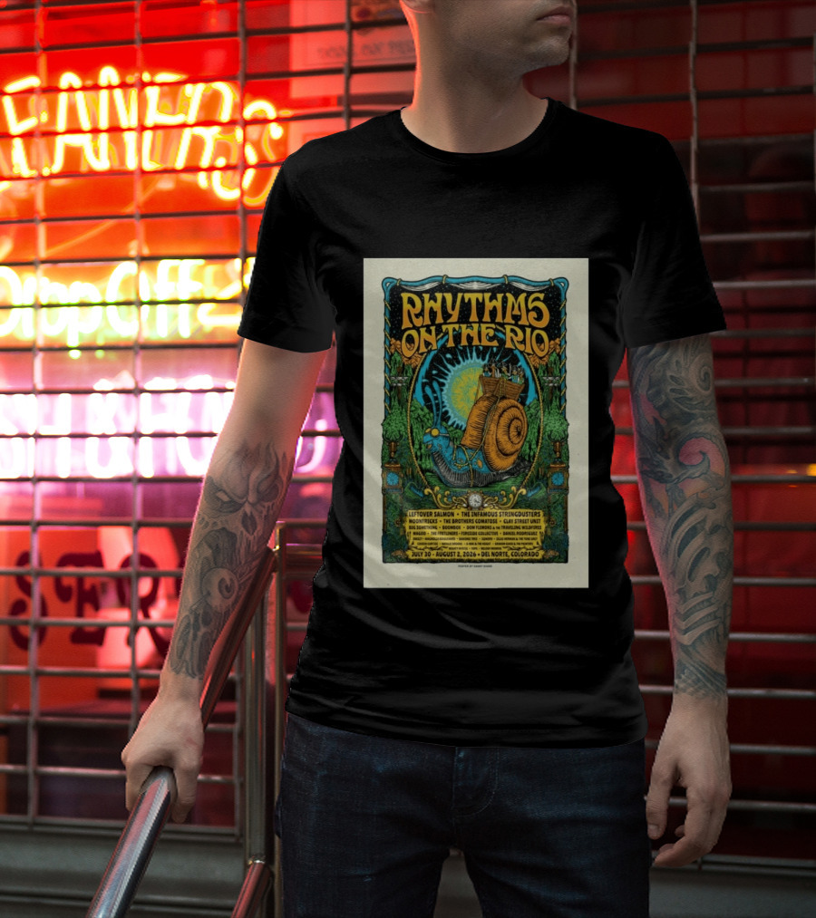 Rhythms On The Rio July 30 August 2 2026 Del Norte Colorado Leftover Salmon The Infamous Stringdusters T-Shirt