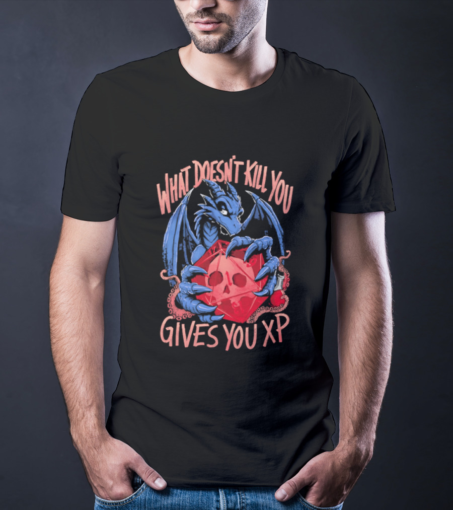 What Doesn't Kill You Gives You XP Blue Dragon Holding Red D20 Skull T-Shirt
