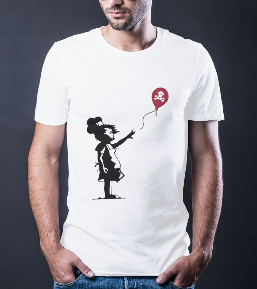 Baker Reaching For Cupcake And Crossbones Balloon Black Silhouette On Red T-Shirt