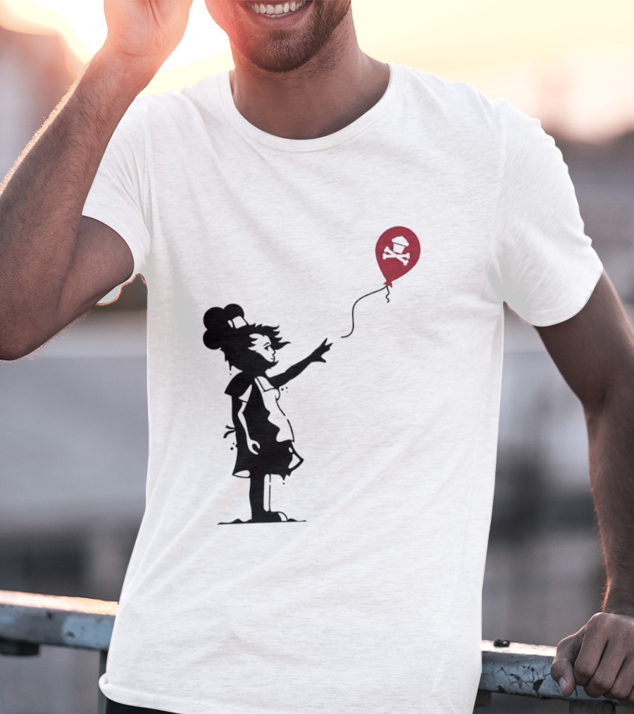 Baker Reaching For Cupcake And Crossbones Balloon Black Silhouette On Red T-Shirt