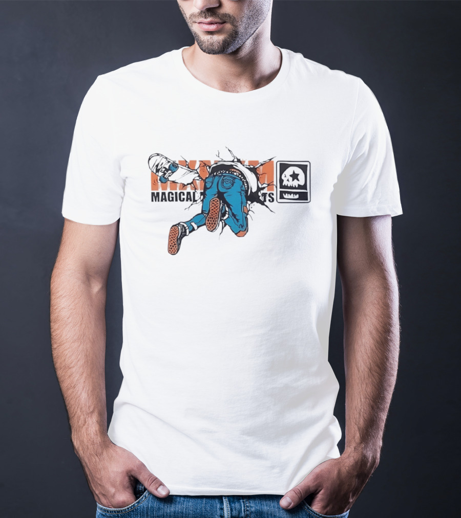 Magical Skateboarder Crashing Through Wall Skull Jeans Brick Wall T-Shirt