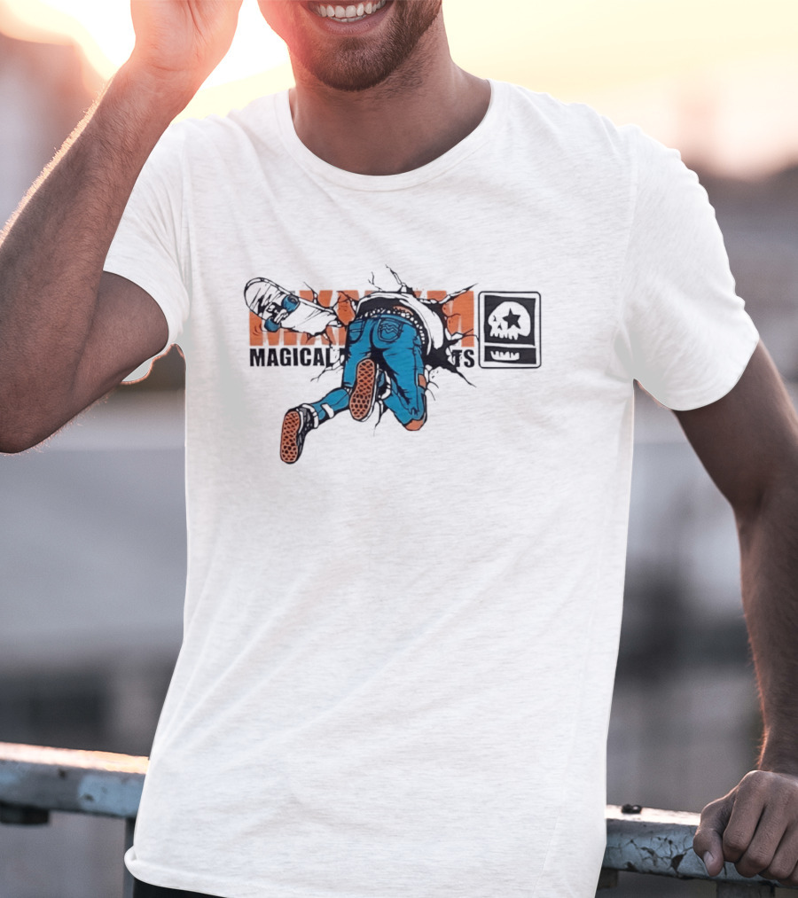 Magical Skateboarder Crashing Through Wall Skull Jeans Brick Wall T-Shirt