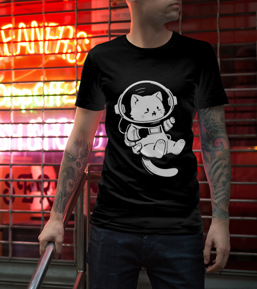 Astronaut Cat Floating In Space Suit Cosmic Adventure T-Shirt