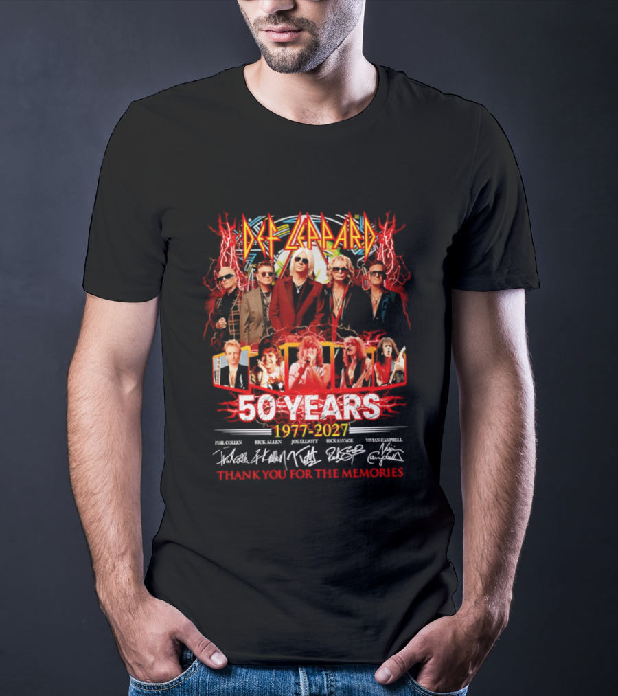 Def Leppard 50 Years 1977 2027 Thank You For The Memories Rock Legends Celebration Autographed Collage T-Shirt