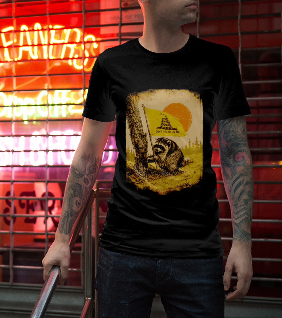 Don't Tread On Me Raccoon Holding Gadsden Flag Rustic Sun T-Shirt