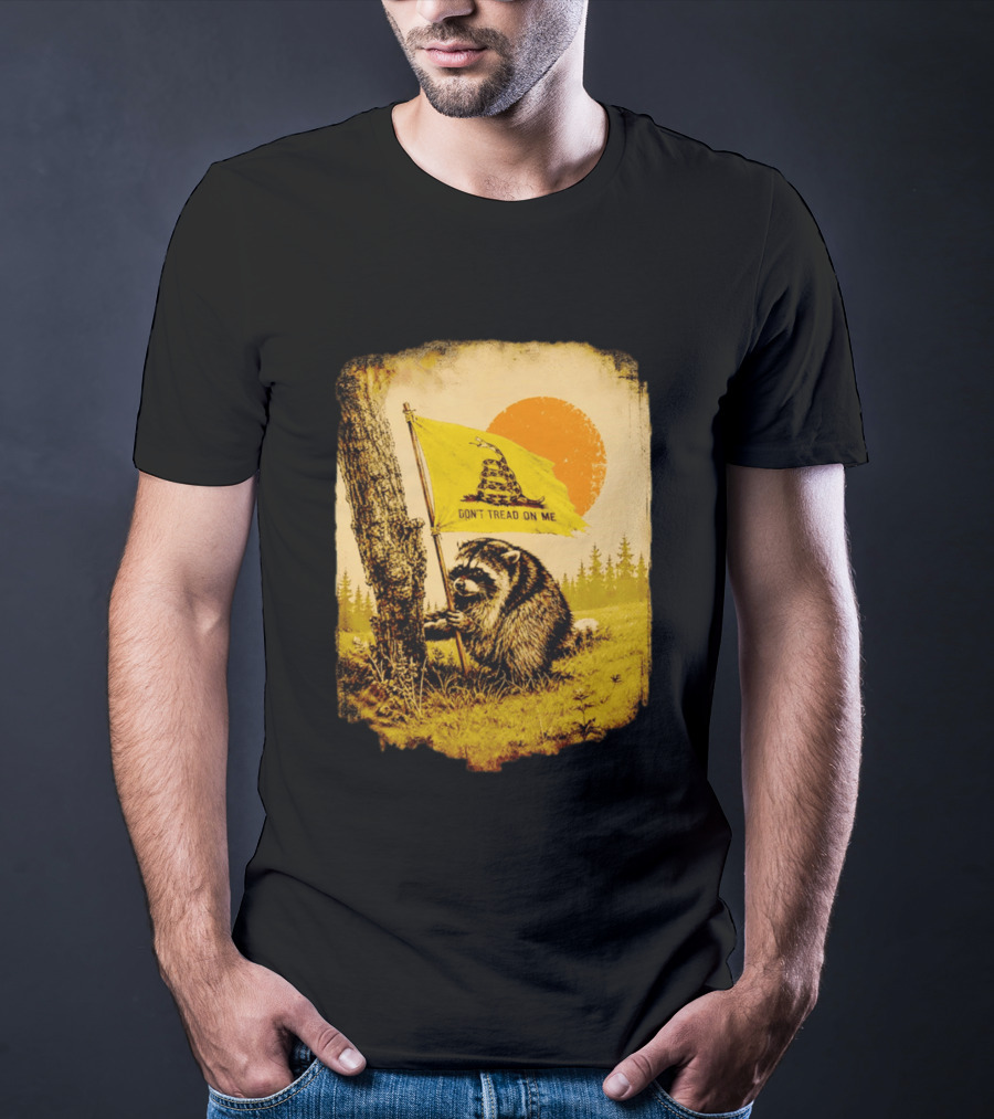 Don't Tread On Me Raccoon Holding Gadsden Flag Rustic Sun T-Shirt