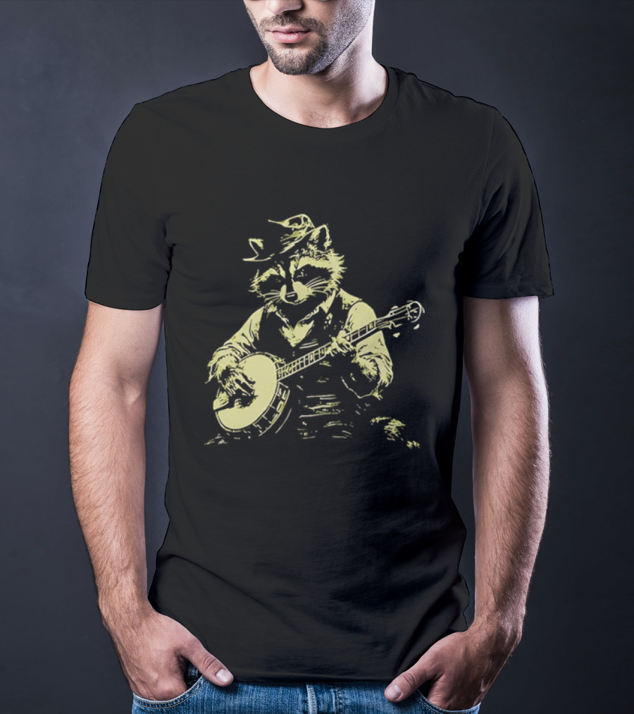 Raccoon Strumming Banjo Wearing Hat And Vest T-Shirt