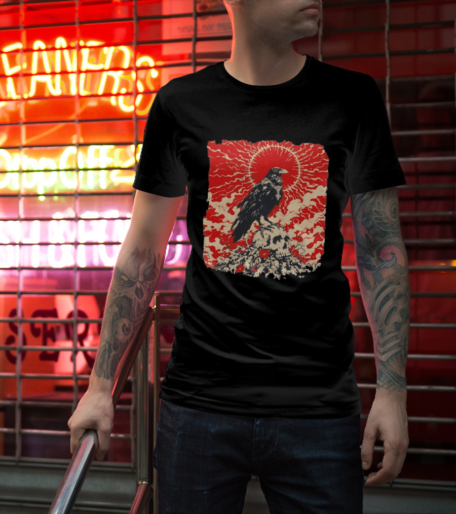 The Crow And The Skull Vintage Gothic Illustration Red Sunburst Mystical T-Shirt