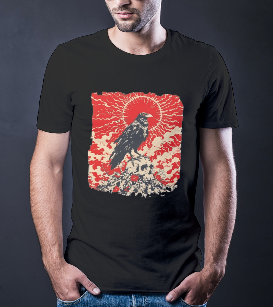 The Crow And The Skull Vintage Gothic Illustration Red Sunburst Mystical T-Shirt