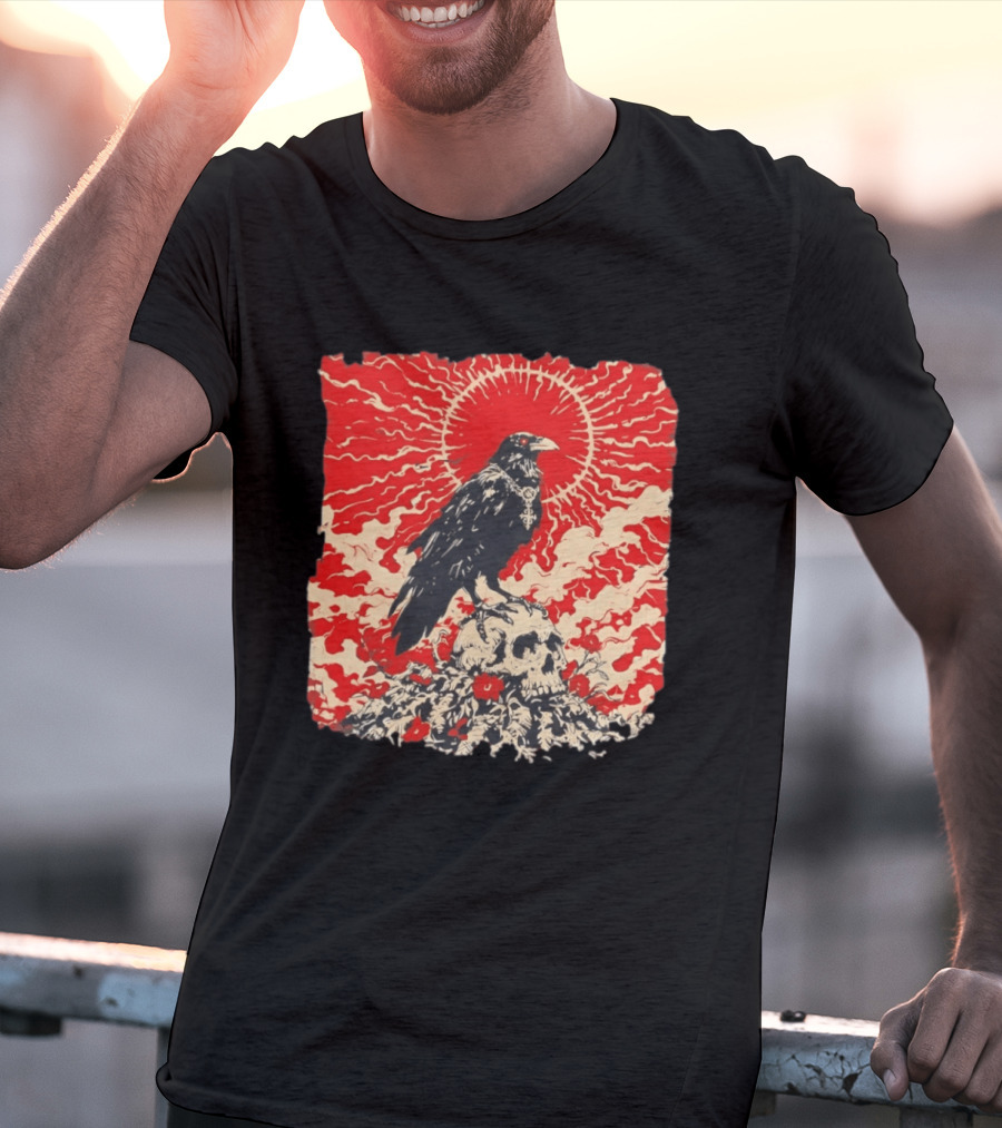 The Crow And The Skull Vintage Gothic Illustration Red Sunburst Mystical T-Shirt