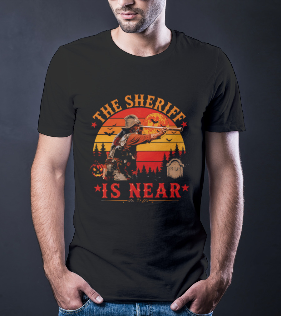 The Sheriff Is Near Halloween Cowboy Full Moon Tombstone Pumpkin Bats T-Shirt