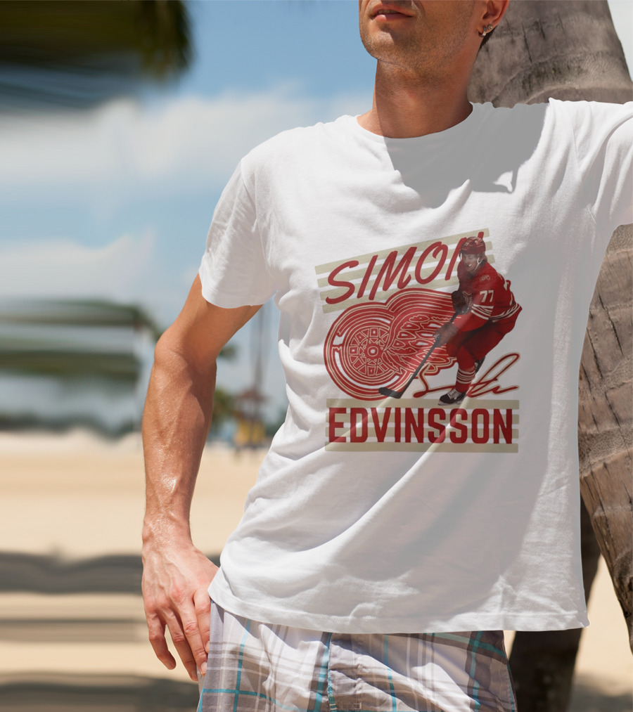 Simon Edvinsson 77 Detroit Red Wings Signature Hockey T-Shirt