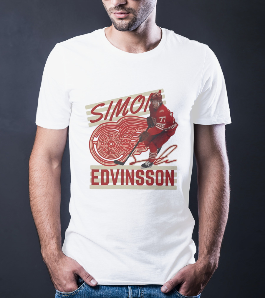 Simon Edvinsson 77 Detroit Red Wings Signature Hockey T-Shirt
