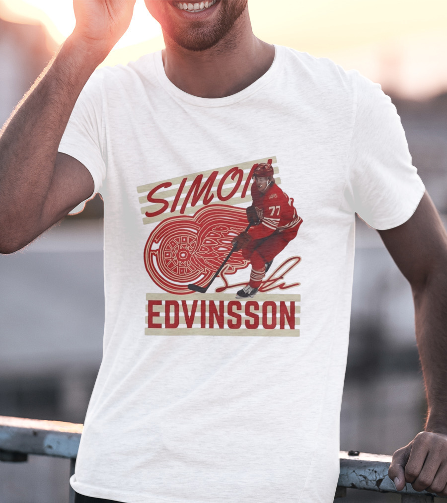 Simon Edvinsson 77 Detroit Red Wings Signature Hockey T-Shirt