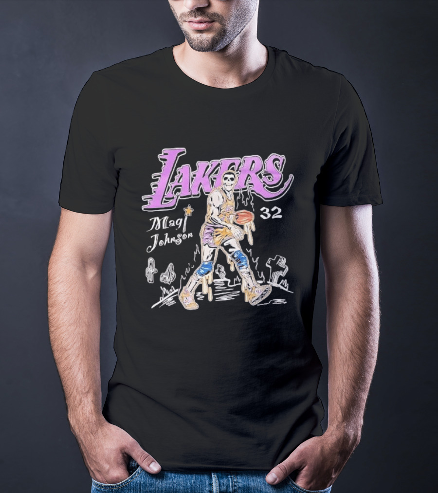 Lakers Magic Johnson 32 Skull Basketball Dribbling T-Shirt