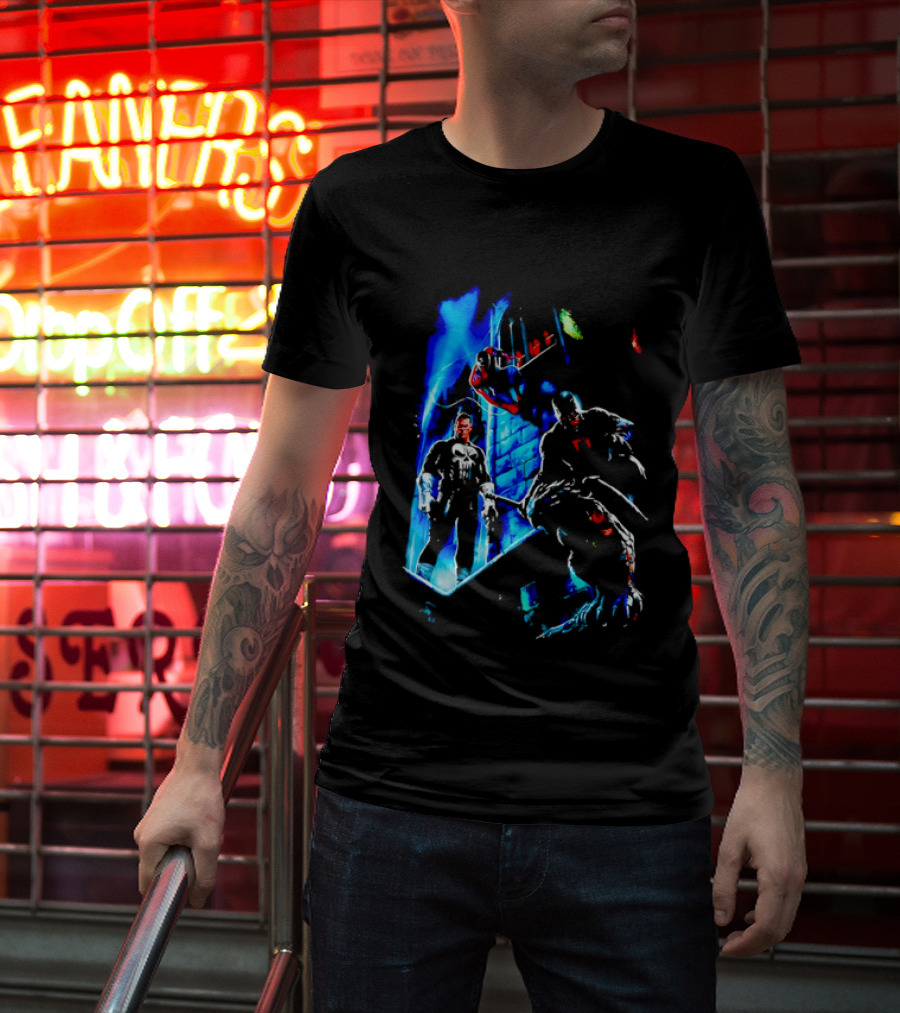 Marvel Comics Vigilante Action The Punisher Spider Man Daredevil Urban Battle Scene T-Shirt