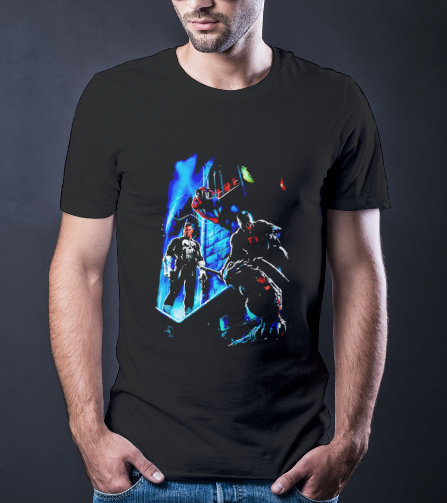 Marvel Comics Vigilante Action The Punisher Spider Man Daredevil Urban Battle Scene T-Shirt