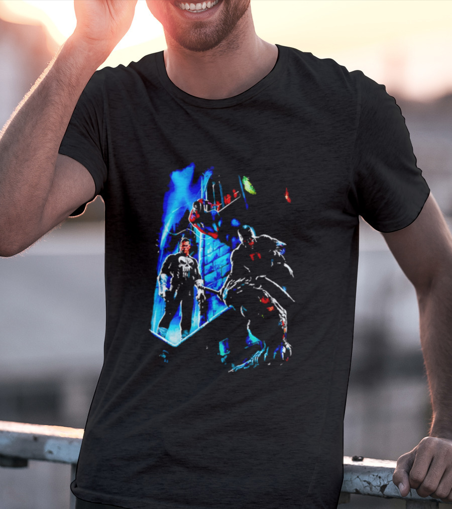 Marvel Comics Vigilante Action The Punisher Spider Man Daredevil Urban Battle Scene T-Shirt