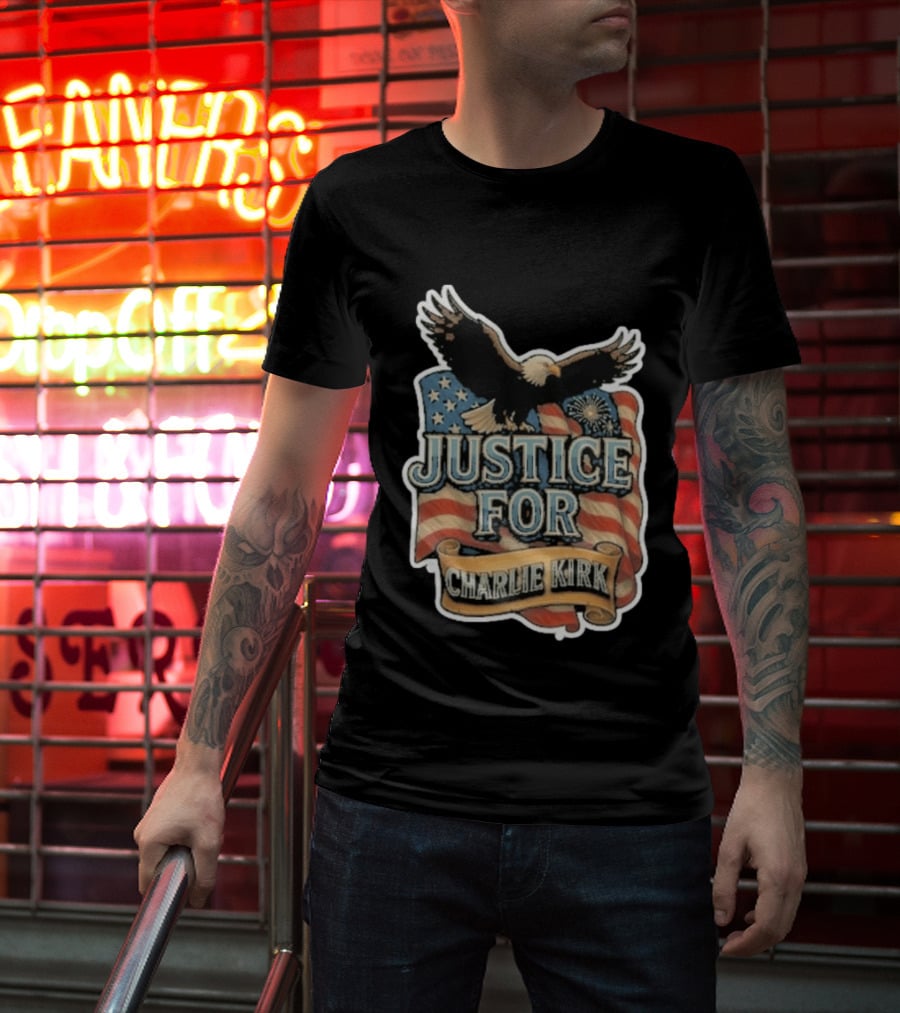 Justice For Charlie Kirk Bald Eagle American Flag Banner T-Shirt
