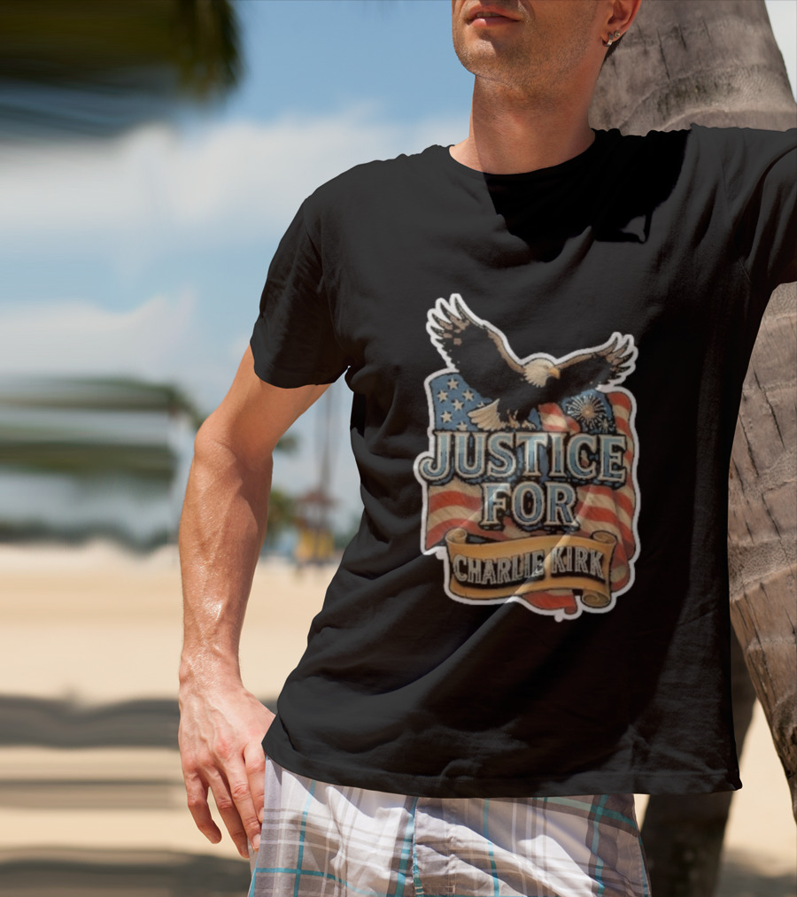 Justice For Charlie Kirk Bald Eagle American Flag Banner T-Shirt