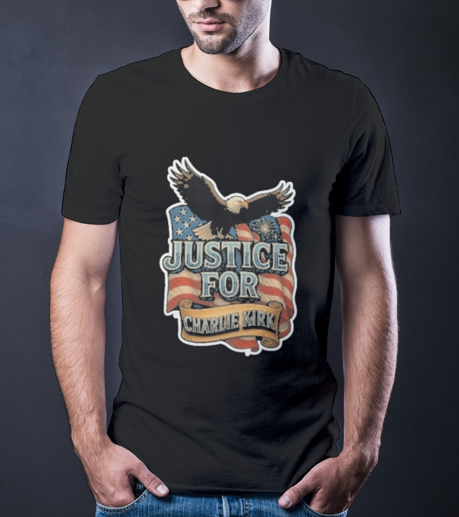 Justice For Charlie Kirk Bald Eagle American Flag Banner T-Shirt