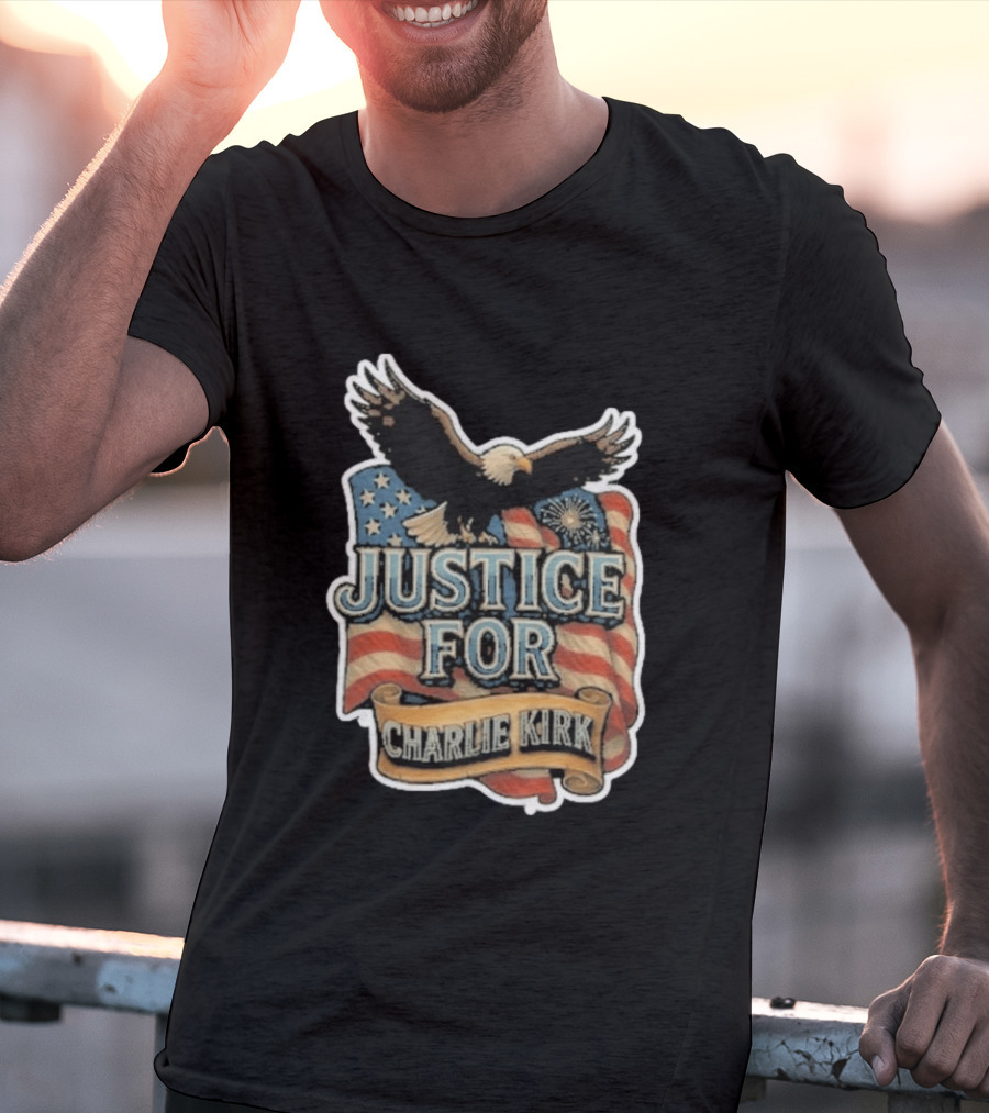 Justice For Charlie Kirk Bald Eagle American Flag Banner T-Shirt