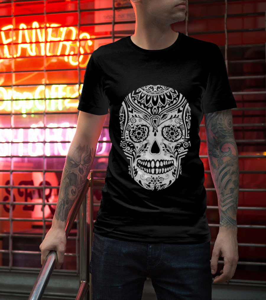 Sugar Skull Artistic Decorative Detailed Black White Intricate Motif T-Shirt