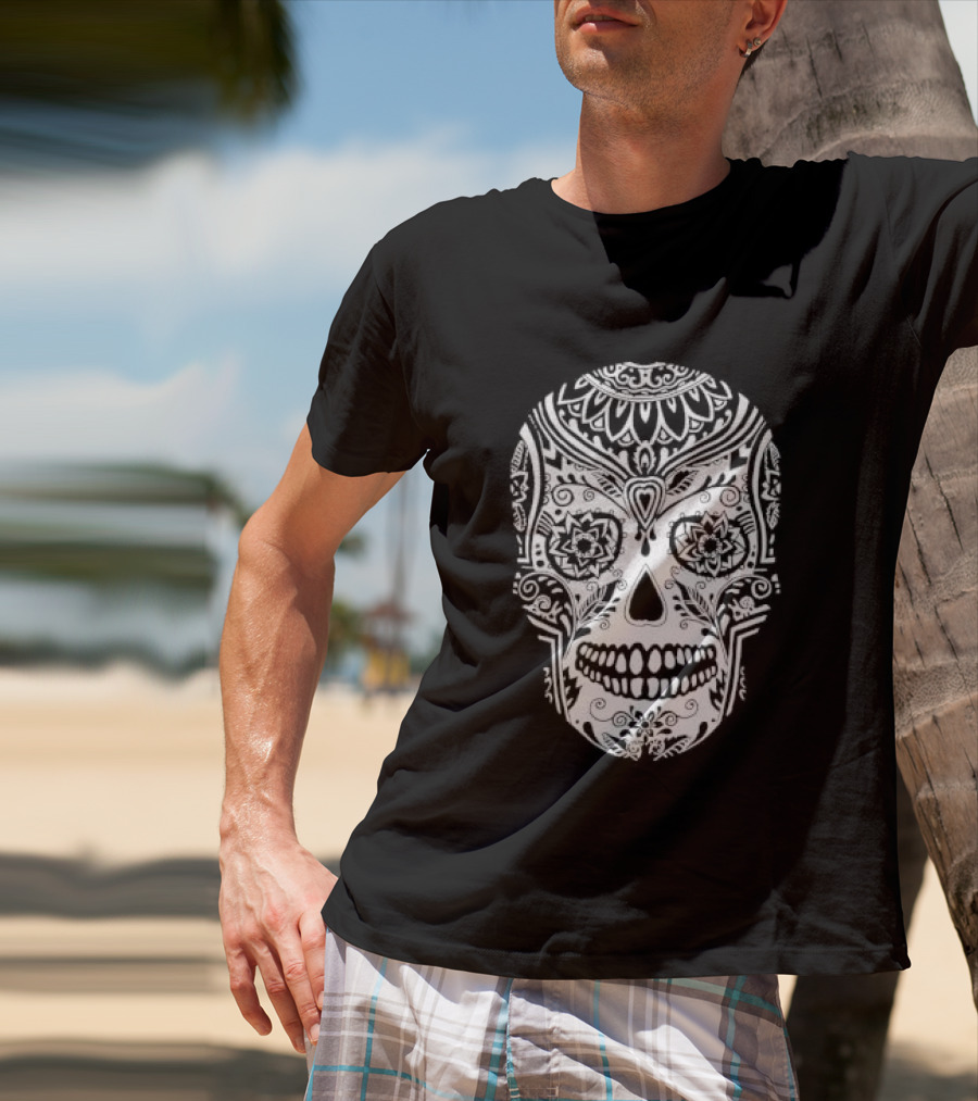 Sugar Skull Artistic Decorative Detailed Black White Intricate Motif T-Shirt