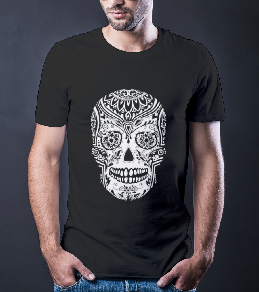 Sugar Skull Artistic Decorative Detailed Black White Intricate Motif T-Shirt