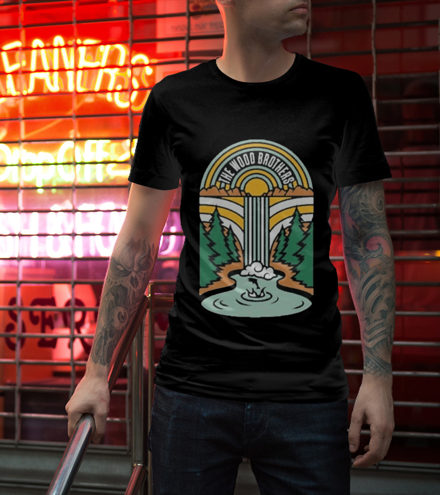 The Wood Brothers Waterfall Nature Scene With Sunburst And River Rapids T-Shirt