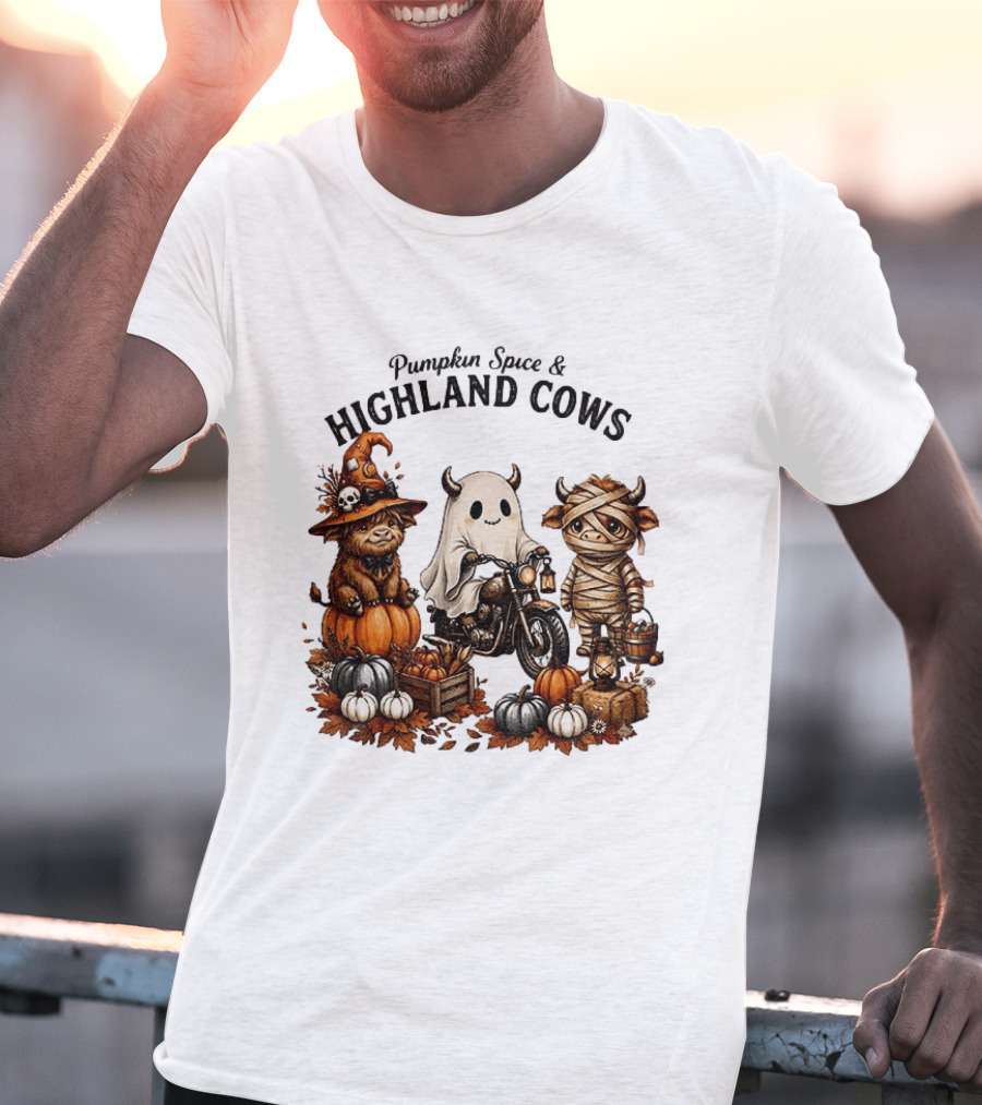 Pumpkin Spice And Highland Cows Halloween Fun T-Shirt