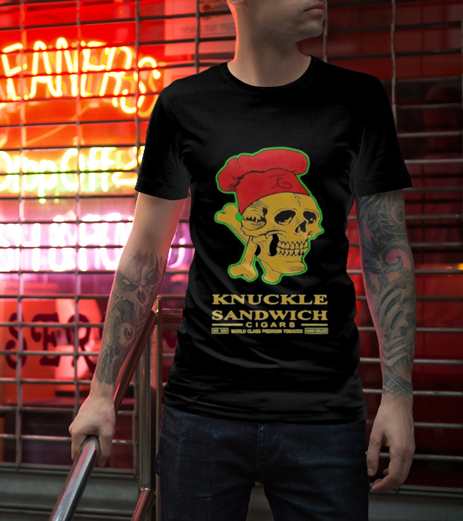 Knuckle Sandwich Cigars World Class Tobacco Skull With Red Chef Hat And Crossbones T-Shirt