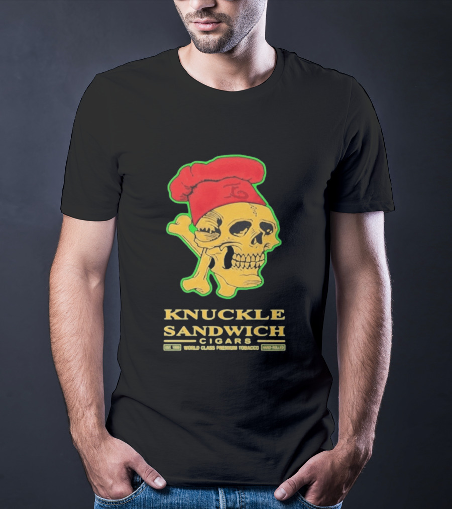 Knuckle Sandwich Cigars World Class Tobacco Skull With Red Chef Hat And Crossbones T-Shirt