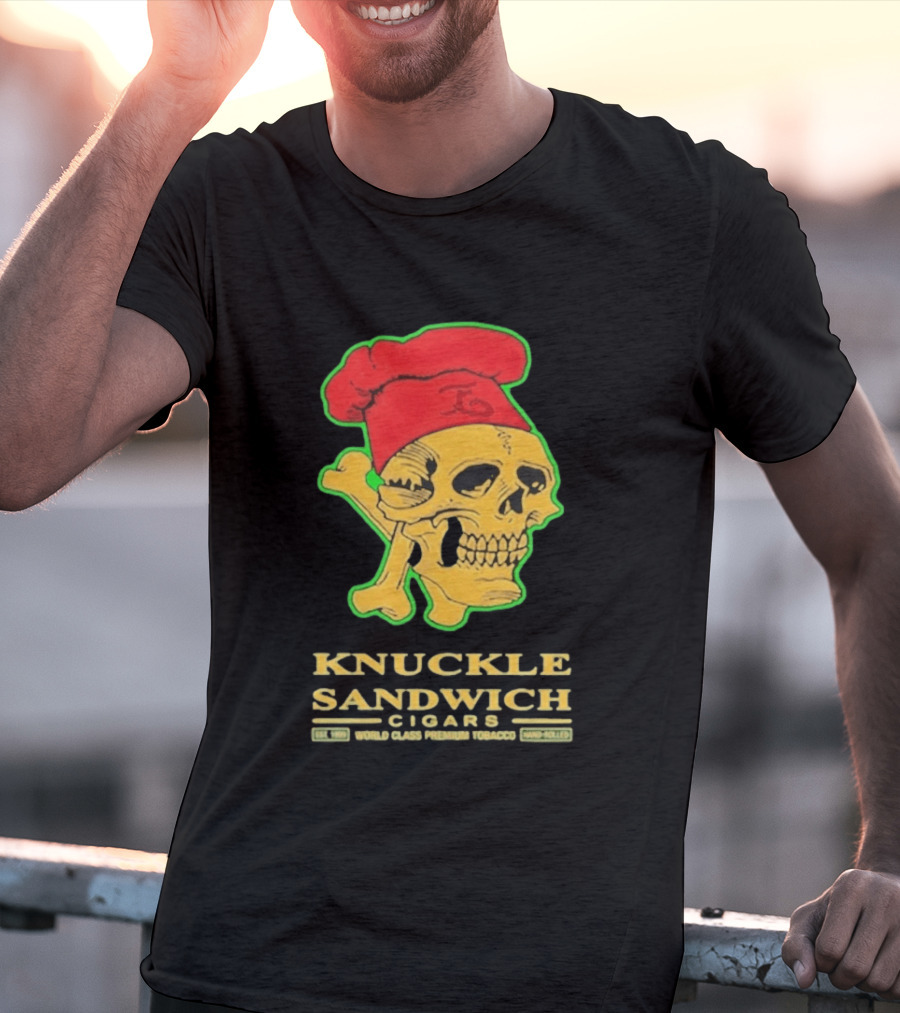 Knuckle Sandwich Cigars World Class Tobacco Skull With Red Chef Hat And Crossbones T-Shirt
